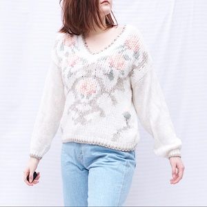 Vintage 90s Pastel Floral Grandma Sweater White